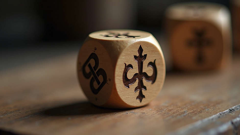 Close-up view of a wooden dice set with Norse symbols