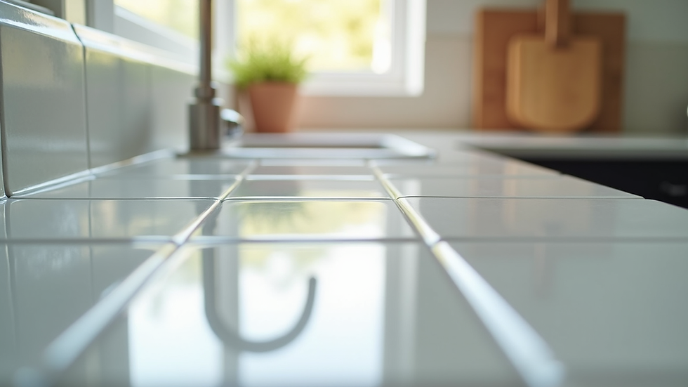 Close-up view of a sparkling clean kitchen countertop with shining tiles