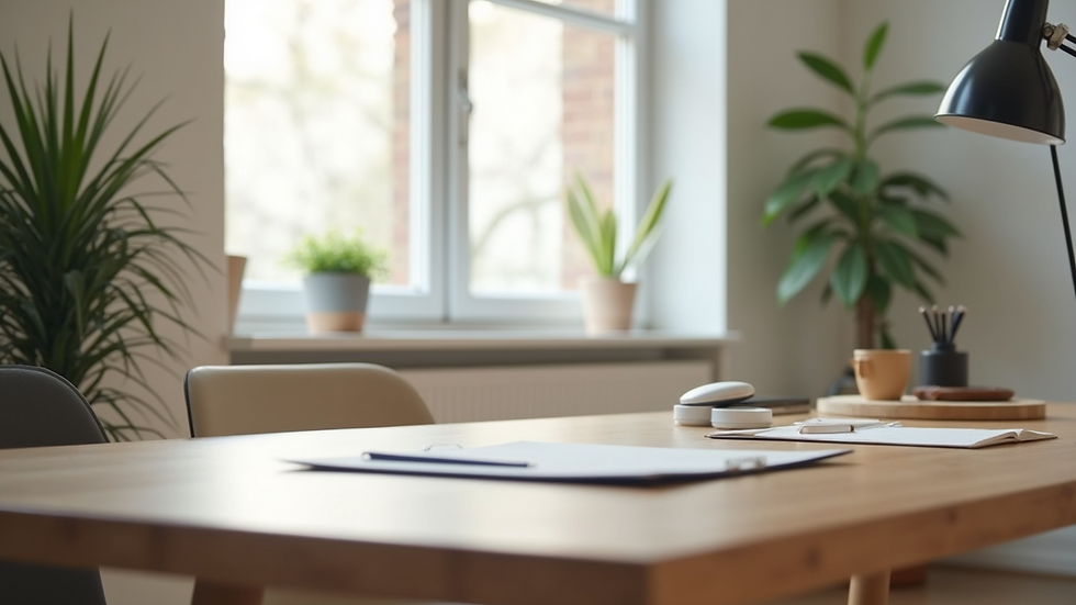 Eye-level view of a sleek wooden desk with modern design in a bright home office