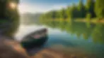Wide angle view of a tranquil river with a small boat ready for fishing
