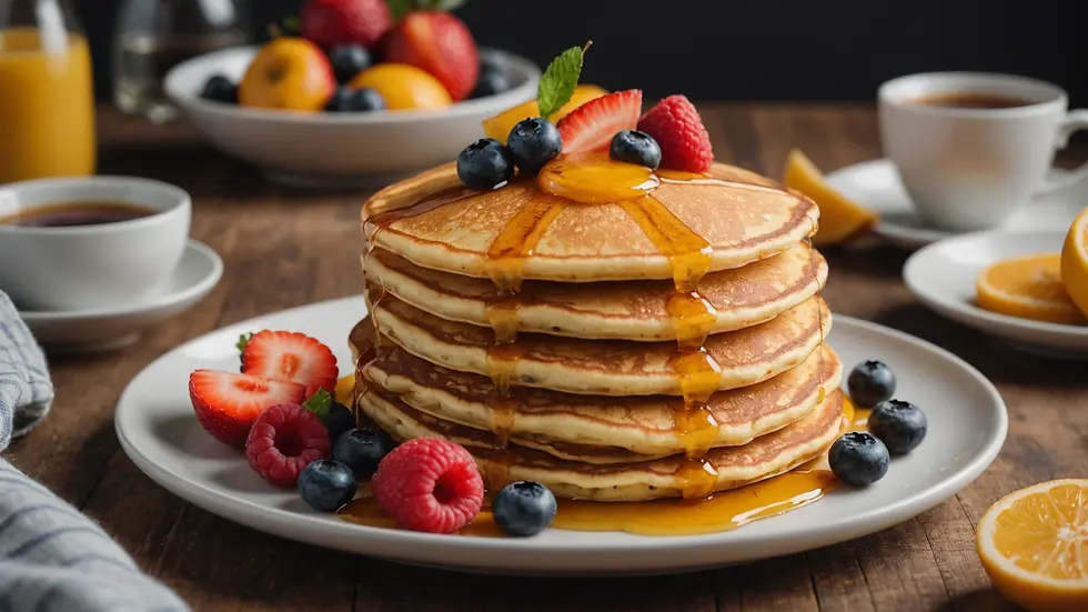 Eye-level view of fluffy organic pancakes stacked on a plate with fresh fruits