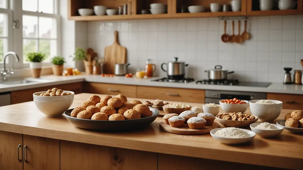 Eye-level view of a kitchen counter with various baking tools and ingredients