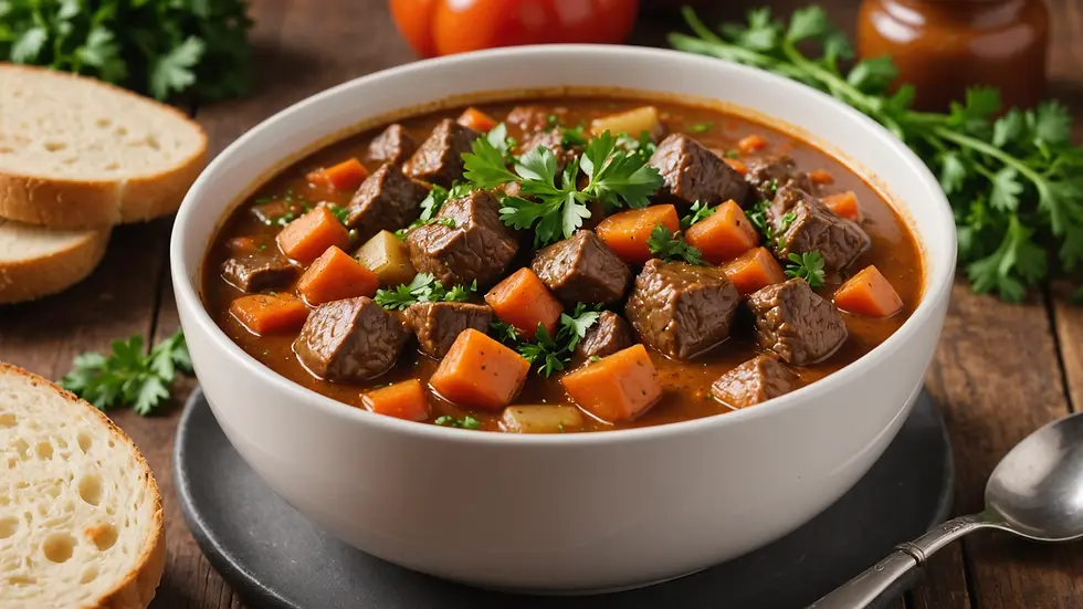 Close-up view of a bowl filled with beef stew garnished with fresh parsley