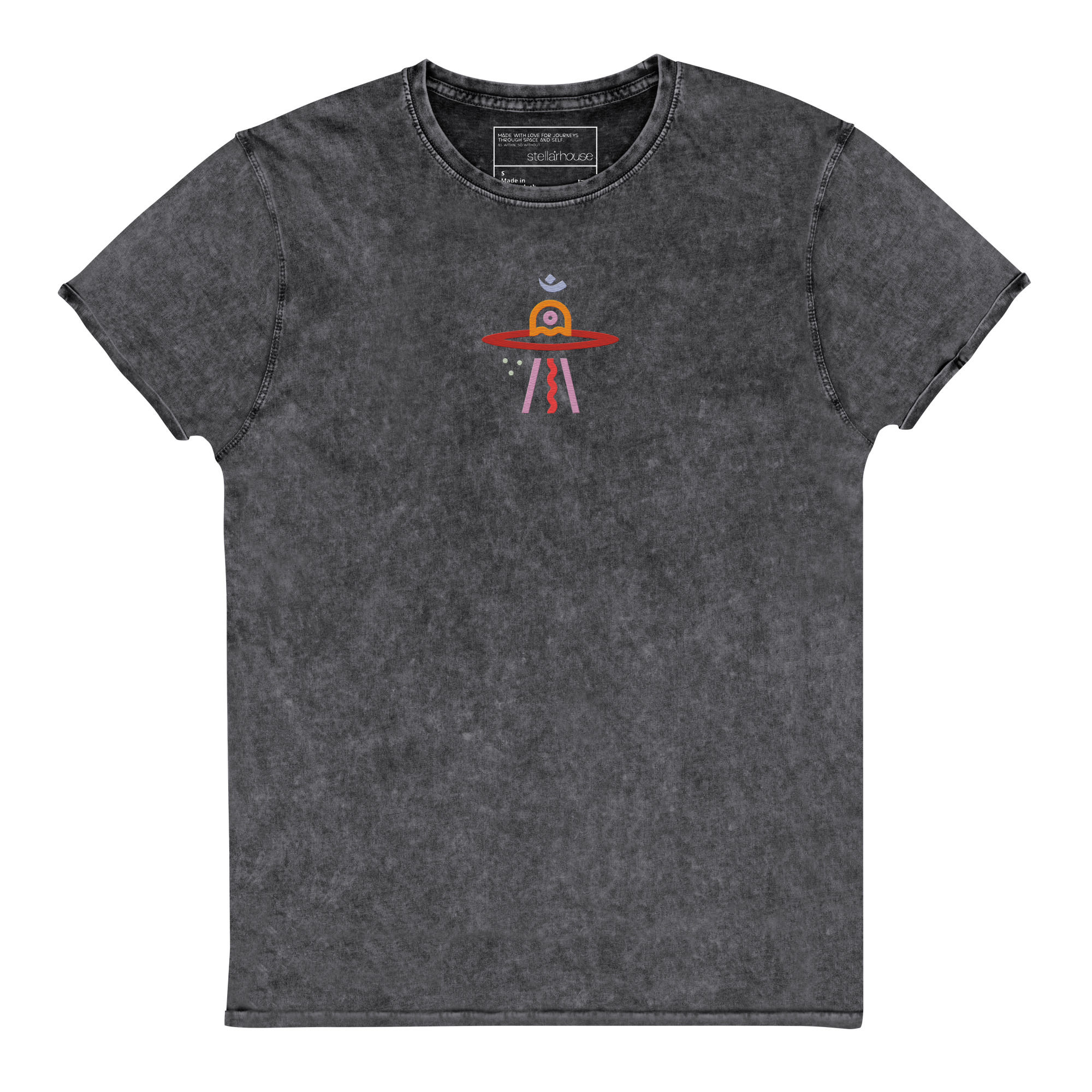 100% Cotton Denim T-Shirt with Embroidered Colored Spaceship Om