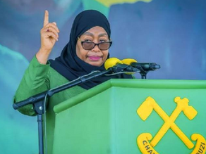 Samia Suluhu waving her finger during a CCM party event