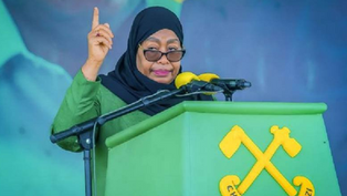 Samia Suluhu waving her finger during a CCM party event