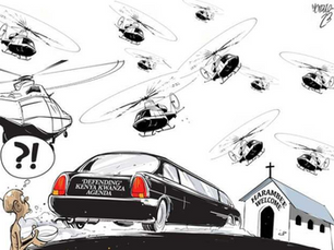 Cartoon of GoK limo hurtling to church with helicopters above