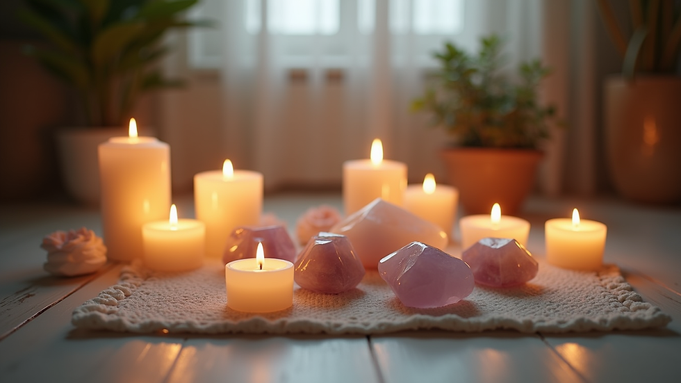 Eye-level view of a peaceful meditation space with candles and crystals