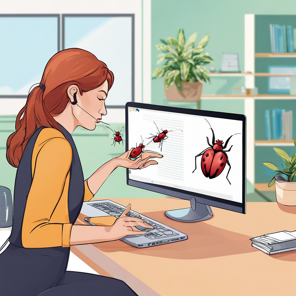 A lady working on computer with some code and removing real world bugs, to demostrate debugging.