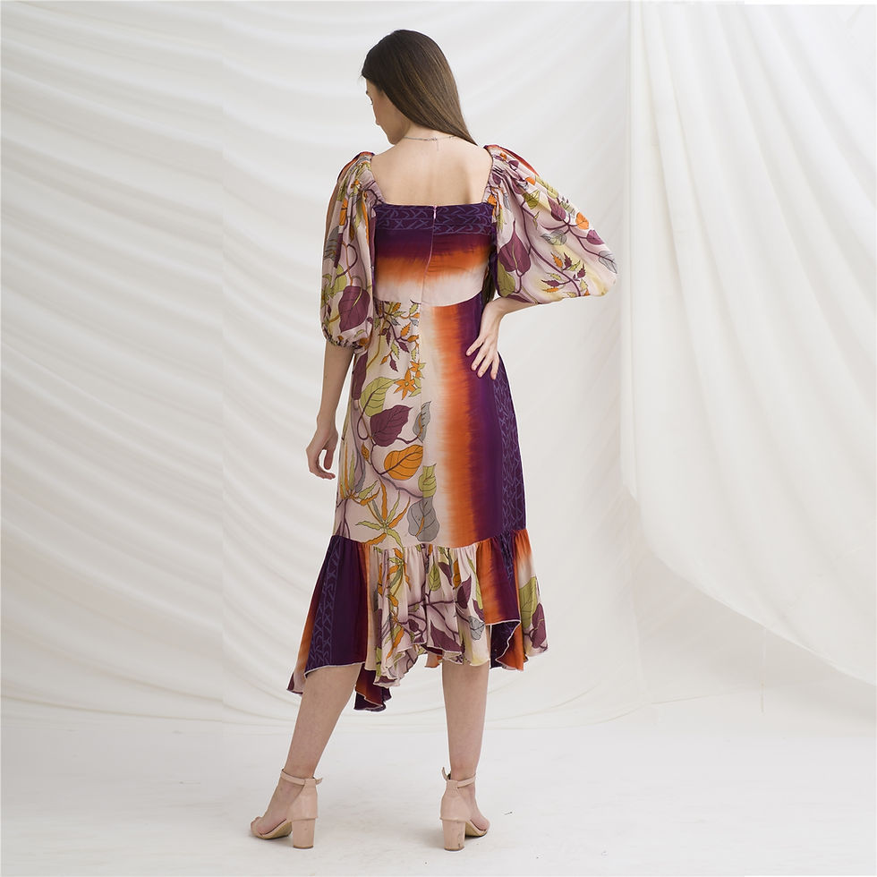 Thumbnail: Pure Crepe Ruffle Silk Balloon Sleeve Pleated Long Dress (Small)