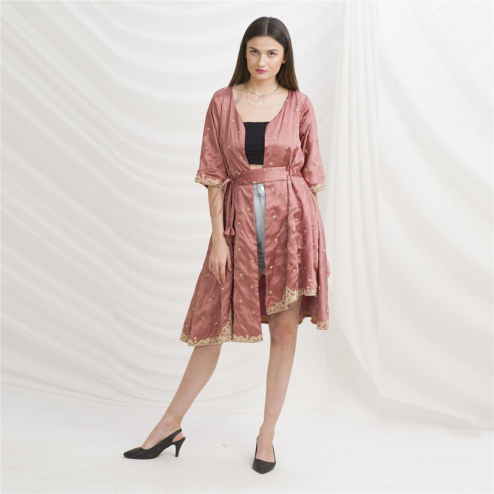 Thumbnail: Long Flared Jacket Satin Silk Zardozi, Upcycled Free Size (Large)