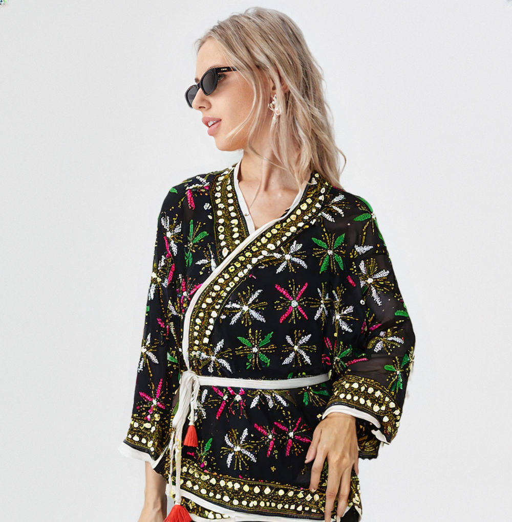 Phulkari Ethnic Style Short Shrug With Belt Tassel