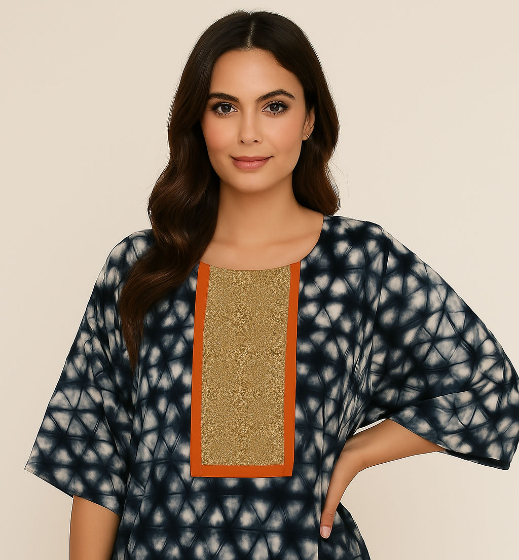 Cotton Tie & Dye Embroidered Short Kaftan Top (Free Size)