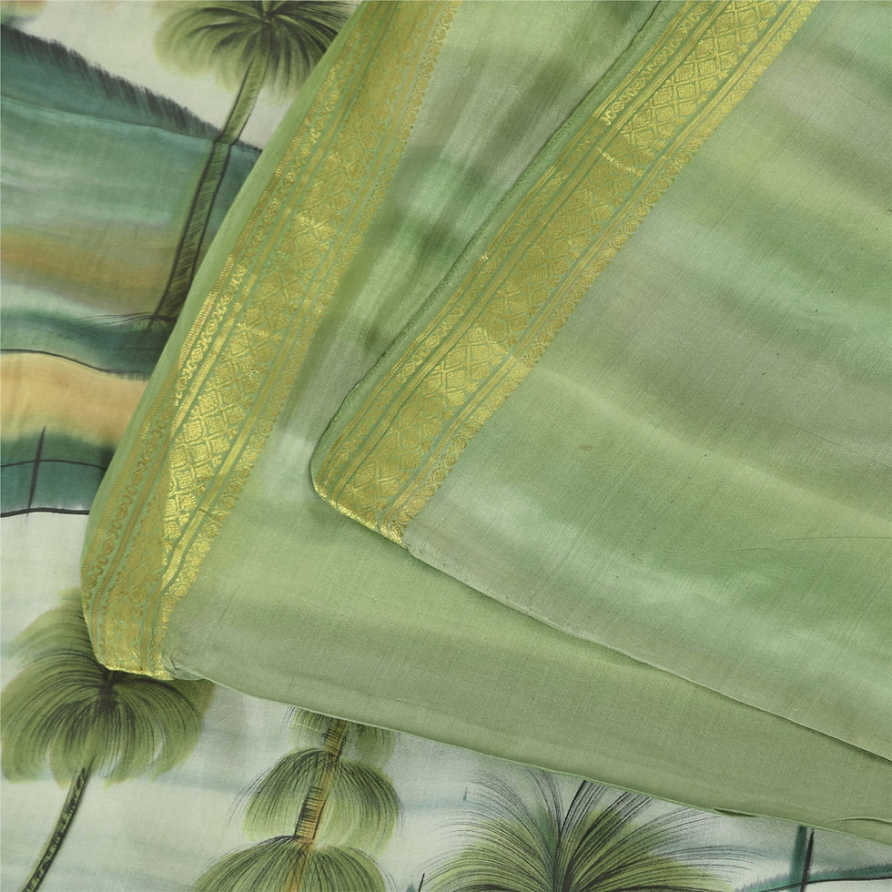 Thumbnail: Sarees Green Pure Silk Tree Hut Printed Sari 5+yd Craft Fabric