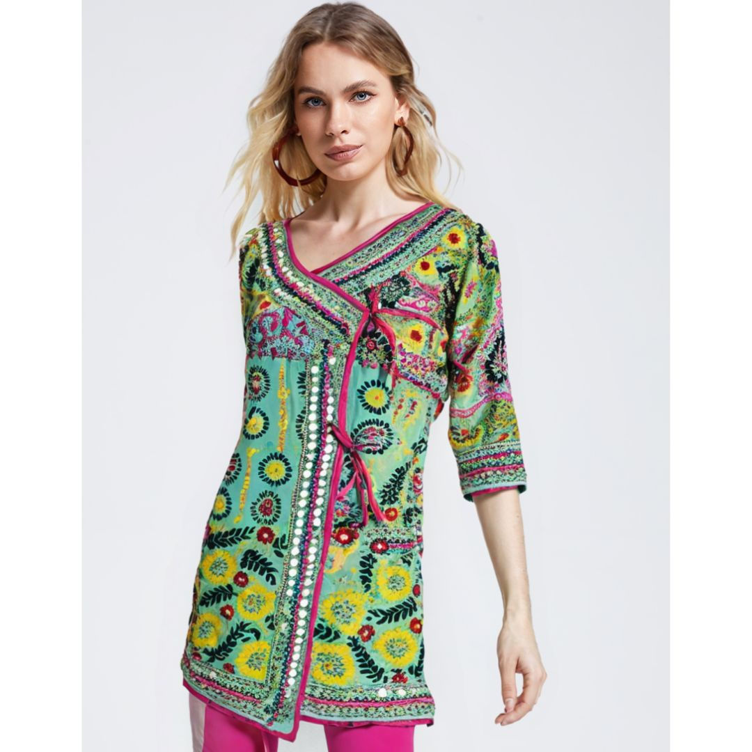 Pure Georgette Silk Hand Embroidered Phulkari Short Shrug (Large)