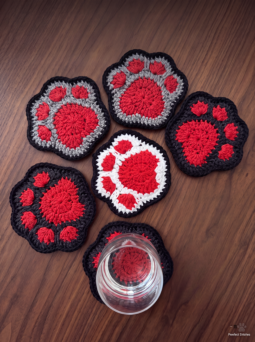 Pawfect Pop Crochet Coasters in paw print designs