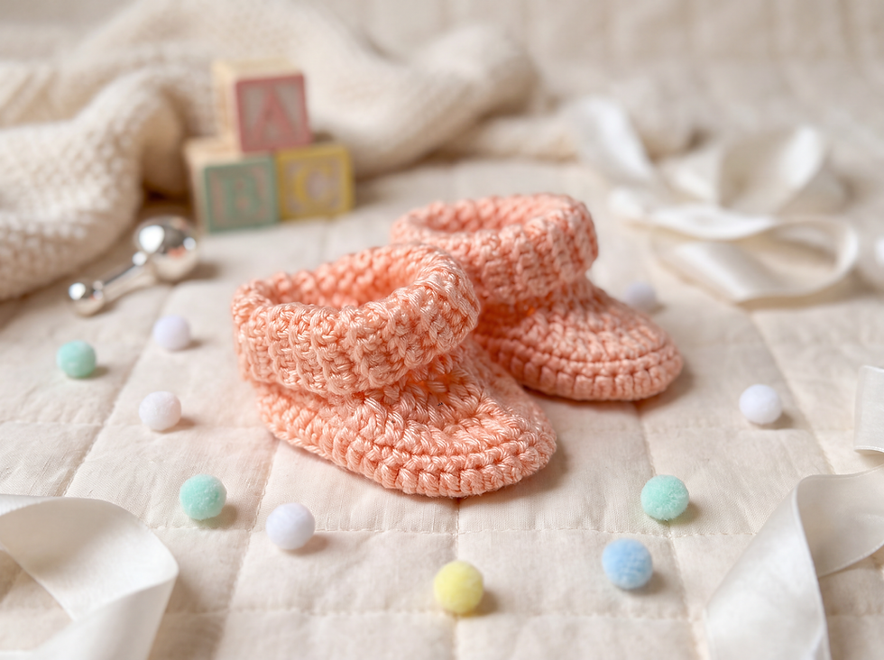 Peachy Toes Crochet Baby Booties on a soft blanket