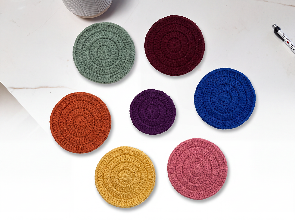 Thumbnail: Colorful crocheted coasters from The Whirlwind Collection.