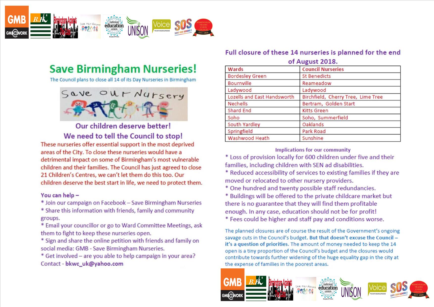 Save Our Nurseries Campaign To Lobby The Council Meeting On Tuesday Save Our Nurseries Campaign To Lobby The Council Meeting On Tuesday March 13 From 1pm Birmingham Nut Section National Education Union