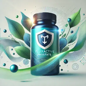 A bottle of Fluxactive Complete labeled "Fluxactive – Prostate" placed in front of a background featuring a design of artificial green leaves.