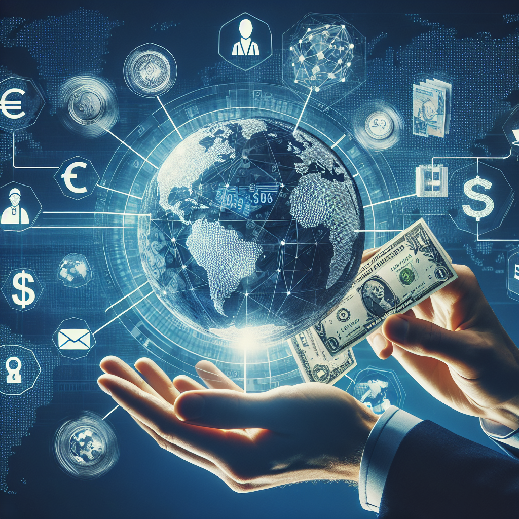 Hands holding money and a digital Earth amid financial icons and currency symbols on a blue background, suggesting global economy.