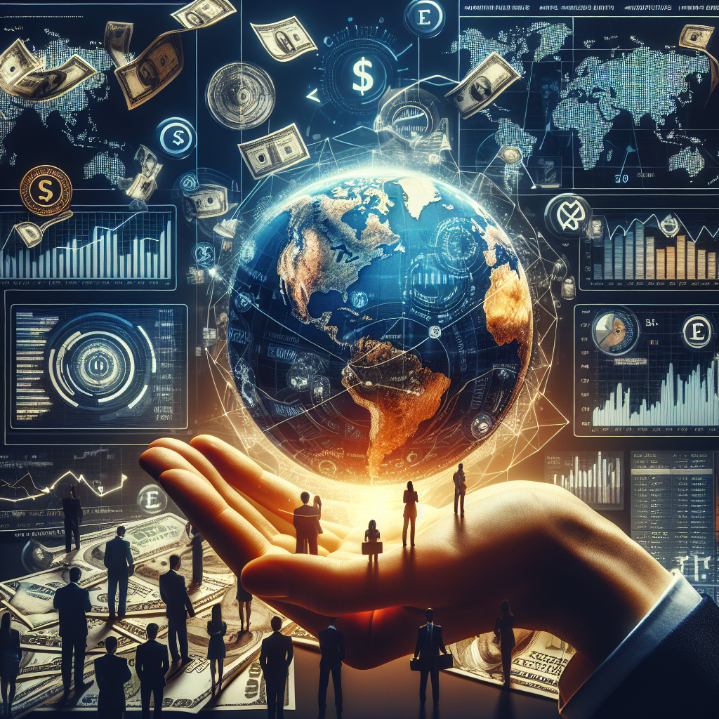Hand holding a globe with tiny people atop, surrounded by currency symbols and stock charts. Background shows digital maps and data, glowing in blue.