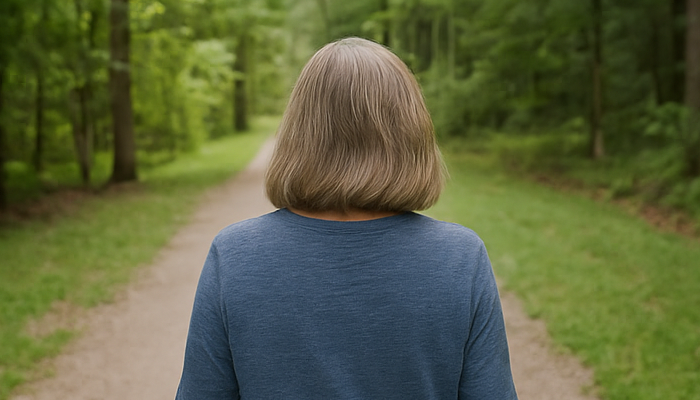 Middle-aged woman walking outdoors on a forest path, symbolizing joint pain relief and natural mobility.