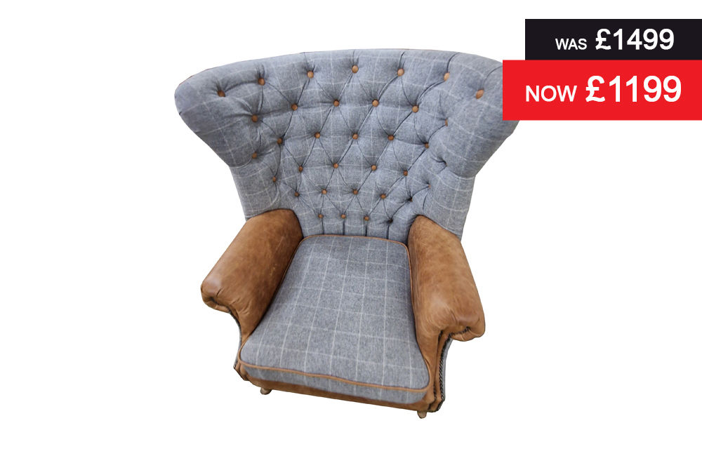 Henley Wrap Around Wing Chair Leather and Grey Wool