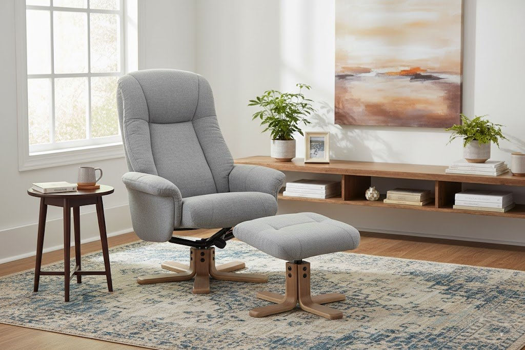 Bantham Swivel Recliner Chair and Stool – Silver