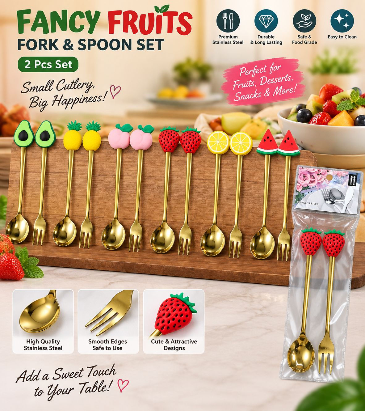 2 Pcs Fancy Fruit Spoon and Fork Set