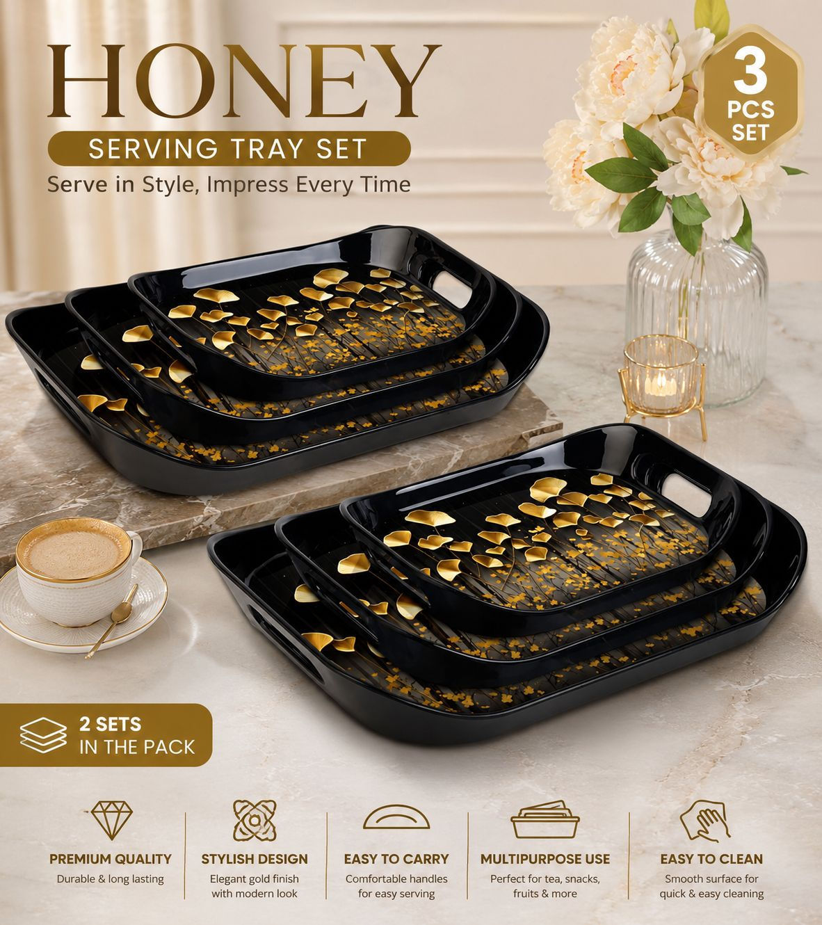 Luxury Honey Serving Tray Set (3 PCS Set / Pack of 2 Sets)