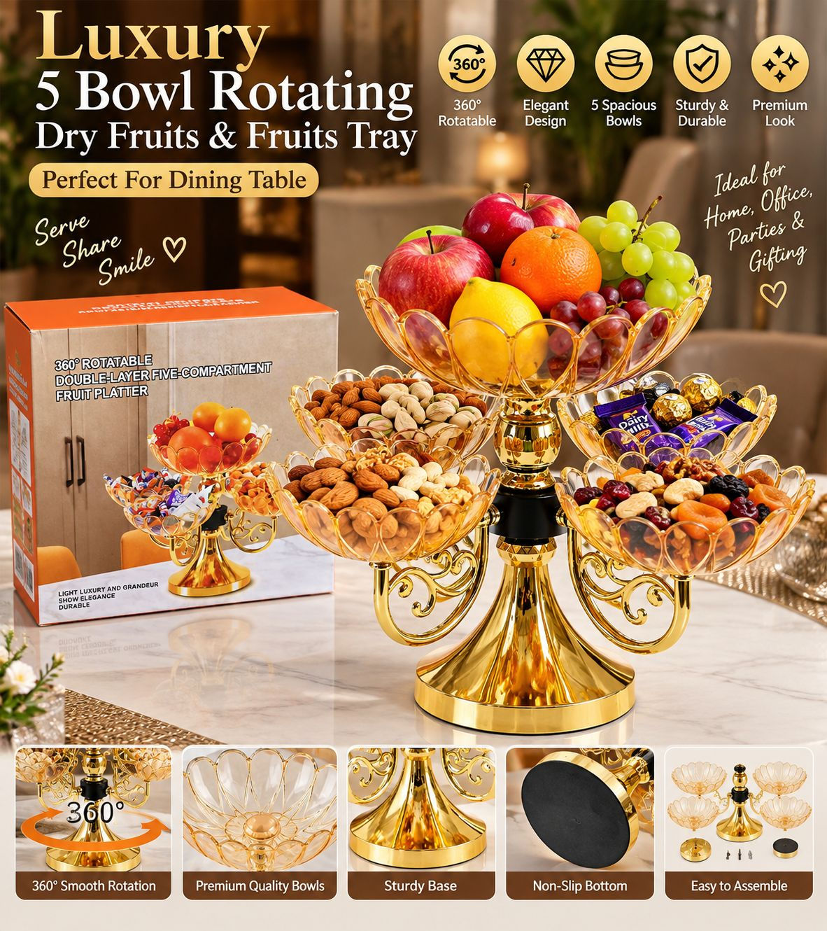 Luxury 5 Bowl 360° Rotating Fruits & Dryfruits Tray (Golden)