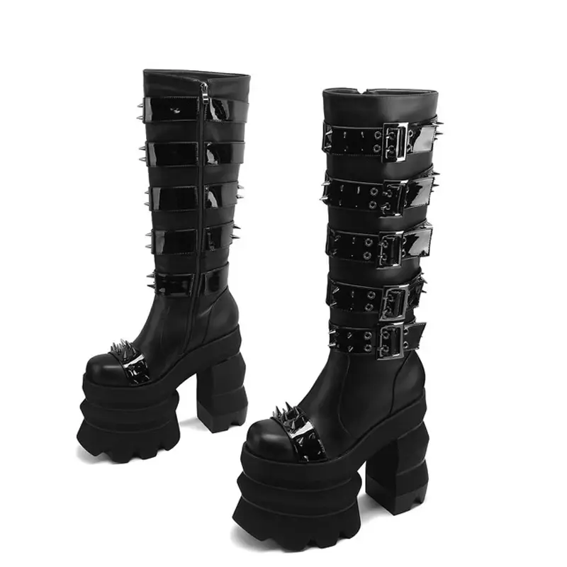 Miniature : Women Super Thick Platform Knee High Boots with Chunky Heels and Metal Rivets