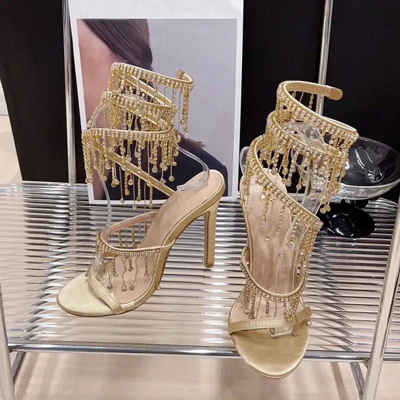 Miniatura: Women's Silk Crystal Tassel Stiletto Sandals with Platform Heel