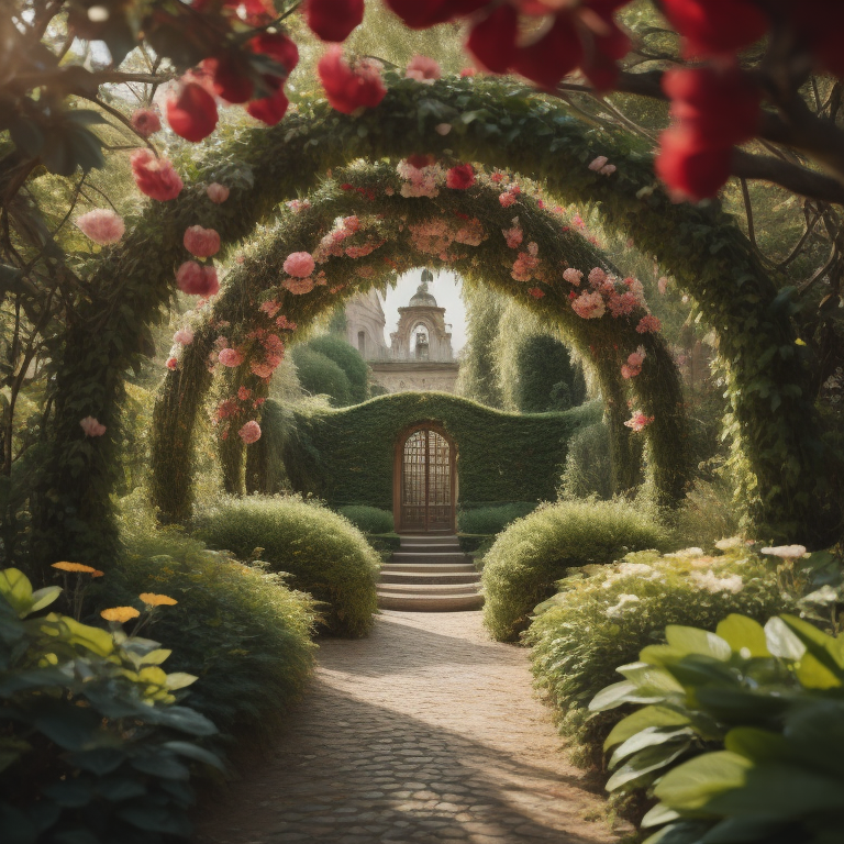 a beautiful garden with hedge arches