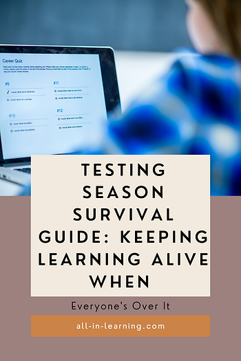 Person viewing career quiz on laptop. Overlaid text: "Testing Season Survival Guide: Keeping Learning Alive When Everyone's Over It." Website URL below.