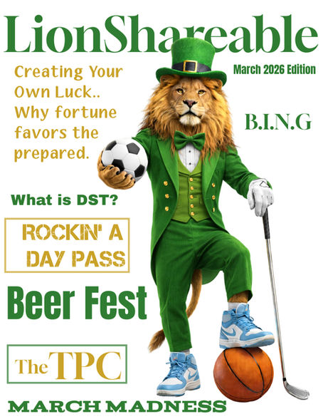 Cover of LionShareable March 2026 newsletter featuring a lion dressed as a leprechaun in a green suit and top hat, holding a soccer ball and golf club with a foot on a basketball, themed around St. Patrick's Day and March Madness.