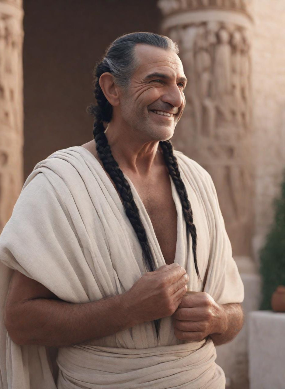 Imperial eunuch Chrysanthos, a smiling, older fellow with long braided hair wearing a white robe