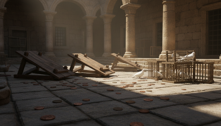 Eye-level view of overturned wooden tables and scattered coins on stone pavement.