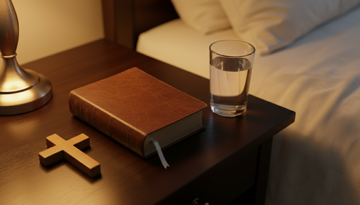 Overhead view of a bedside table with a Bible and a glass of water.