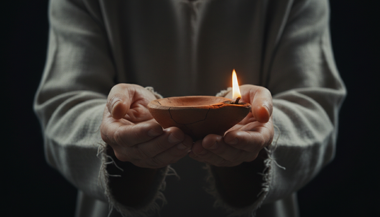 Close-up view of open hands holding a small clay oil lamp.