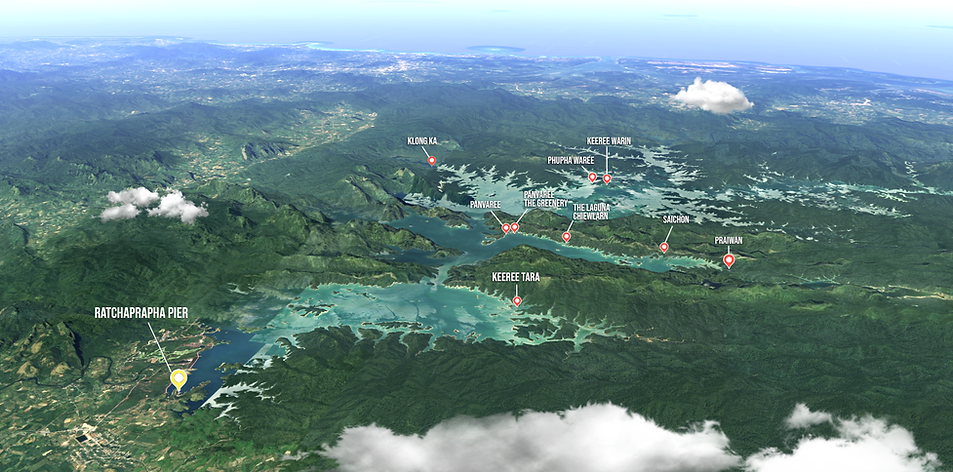 Map of Cheow Lan Lake showing the locations of floating resorts and Ratchaprapha Pier in Khao Sok National Park.