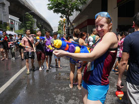 Songkran Bangkok Khao San water fight night scene