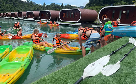 SWIM & KAYAK FROM THE RAFT
Some of the best moments at Phutawan happen between excursions.
Swim directly in the emerald water or take a kayak and paddle around the raft house at your own pace. With mountains on every side, you don't have to travel far to enjoy the landscape — sometimes it is better simply to stay close to the raft house and enjoy where you are. Kayaks and life jackets are among the facilities provided by Phutawan.