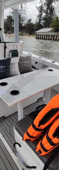 Onboard Comfort: Private marine toilet and an open deck designed for fishing