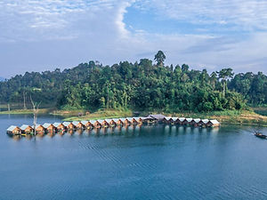 Keeree Warin floating raft house surrounded by rainforest on Cheow Lan Lake