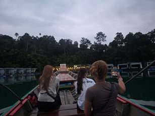 Evening atmosphere at a floating rafthouse on Cheow Lan Lake