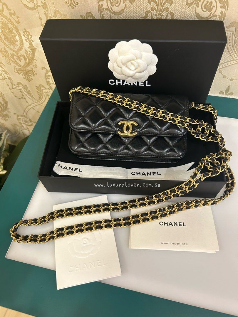 LNIB Chanel Secret CC Phone Holder with Chain Shiny Lamb GHW