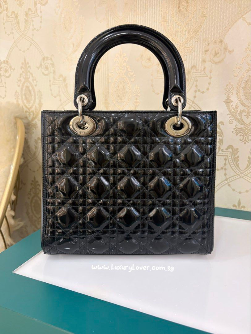 Thumbnail: Dior Lady Dior Medium Black Patent Calf Silver(CashS$1,990)