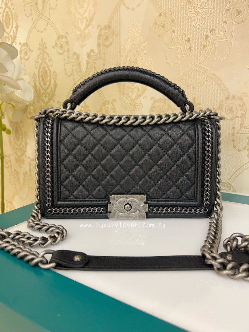 Thumbnail: #23 BNIB Chanel Boy Old Medium Top Handle Chain Interlaced Black